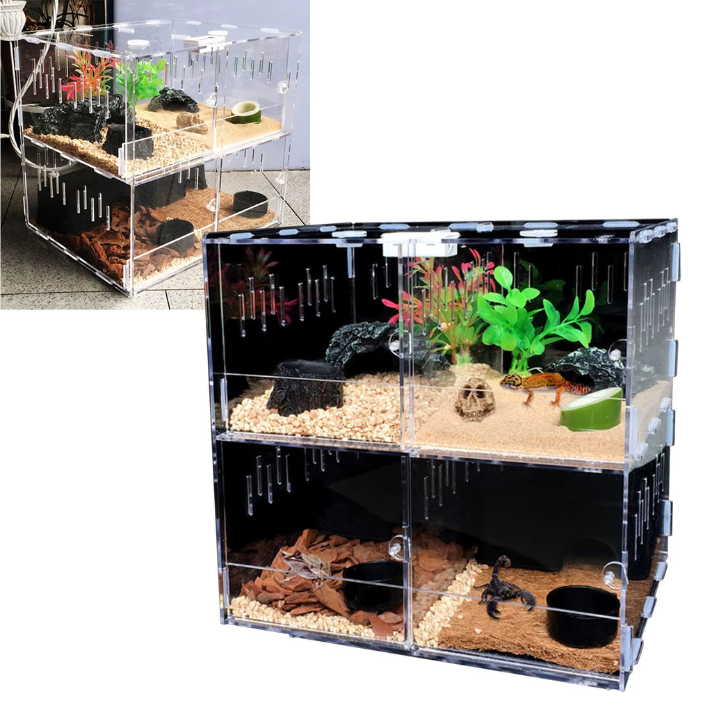 4 Grids Acrylic Pet Lizard Crawling Box Reptile Tank Insect Spiders Lizard Breeding