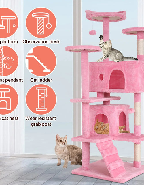 Load image into Gallery viewer, 54-In Double Condo Cat Tree Tower Playhouse with Scratching Post &amp; Perch for Indoor, Pink
