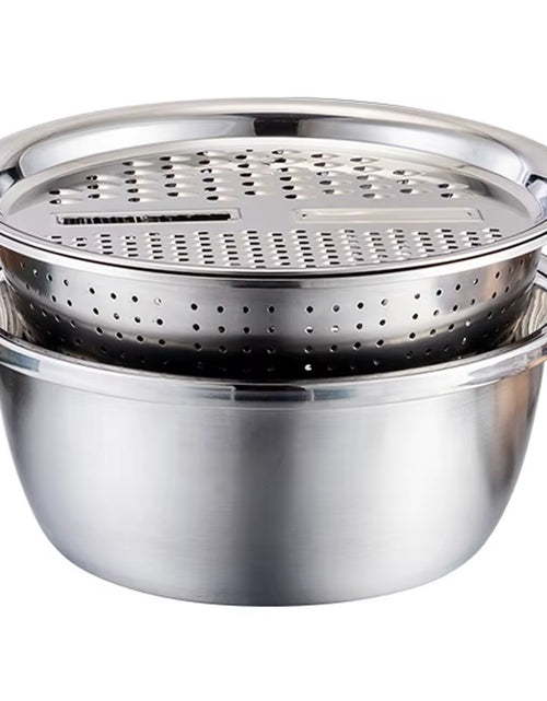 Load image into Gallery viewer, KitchenPro 3-in-1 Stainless Steel Drain Basket – Multifunctional Colander, Vegetable Slicer &amp; Grater for Effortless Food Prep

