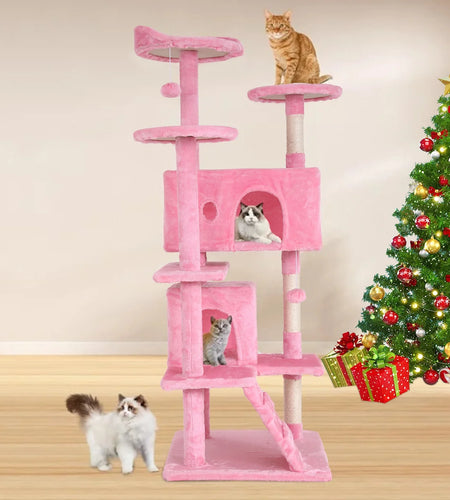 54-In Double Condo Cat Tree Tower Playhouse with Scratching Post & Perch for Indoor, Pink