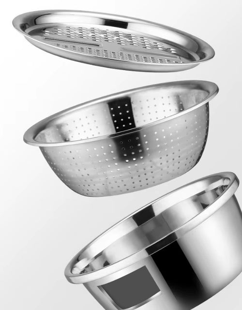 Load image into Gallery viewer, KitchenPro 3-in-1 Stainless Steel Drain Basket – Multifunctional Colander, Vegetable Slicer &amp; Grater for Effortless Food Prep
