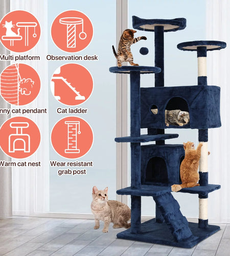 54-In Double Condo Cat Tree Tower Playhouse with Scratching Post & Perch for Indoor, Navy Blue