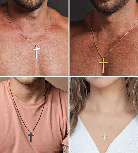 Cross Necklace for Men, Silver Black Gold Stainless Steel Plain Cross Pendant Necklace for Men Box Chain 16-30 Inch