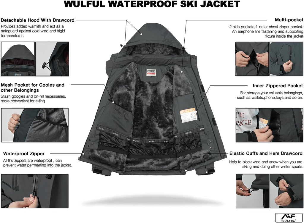 Men'S Waterproof Ski Jacket Warm Winter Snow Coat Mountain Windbreaker Hooded Raincoat