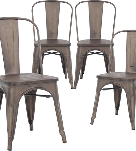 Metal Dining Chairs, Indoor/Outdoor and Stackable, Set of 4 (Bronze with Wooden Seat)