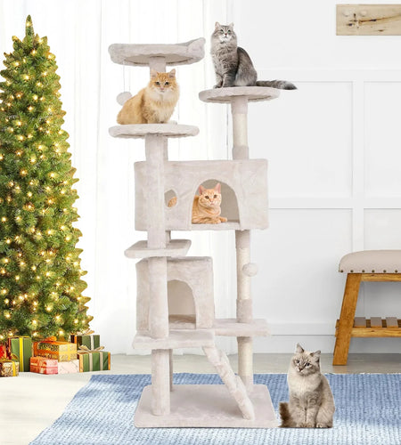 54-In Double Condo Cat Tree Tower Playhouse with Scratching Post & Perch for Indoor, Beige