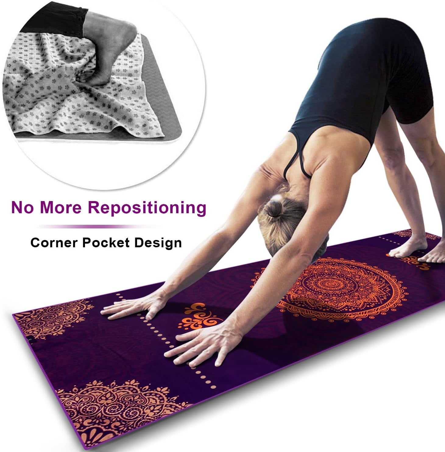 Non Slip Hot Yoga Towel, 100% Microfiber Non Slip Yoga Mat Towel for Hot Yoga, Pilates and Fitness, Exclusive Corner Pockets Design + Free Spray Bottle